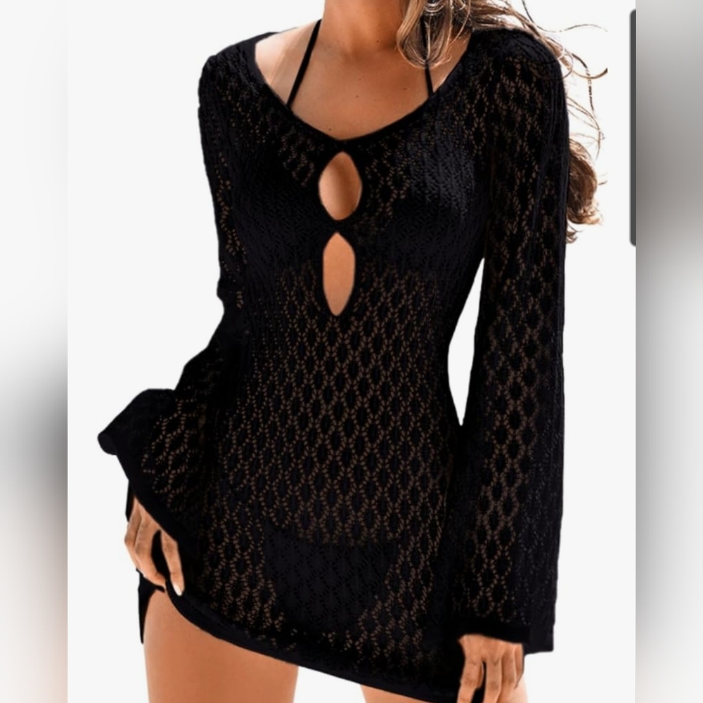 Elegant Black Crochet Swim Coverup With Bell Sleeves Size Med